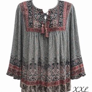 Knox Rose Bohemian Paisley Tunic - Gray and Pink